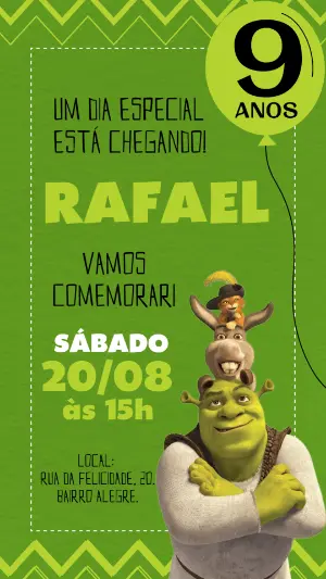 Convite de Aniversário Shrek com Personagens para Editar Online