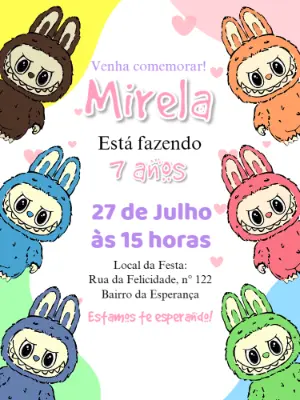 Convite de Aniversário Labubu Editável com Personagens
