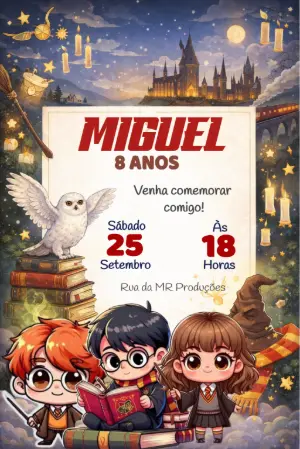 Convite de Aniversário Harry Potter Chibi Editável