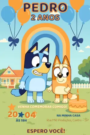 Convite Animado de Aniversário Bluey e Bingo para Editar