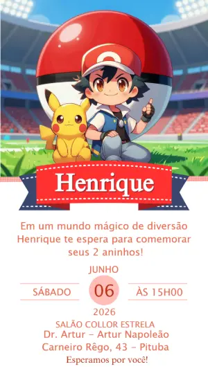 Convite de Aniversário Pokémon Editável com Ash e Pikachu