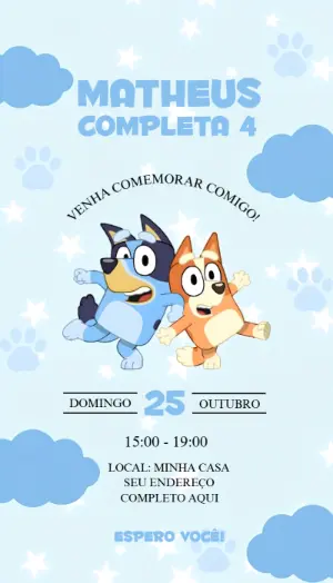 Convite de Aniversário Bluey Infantil Azul para Editar