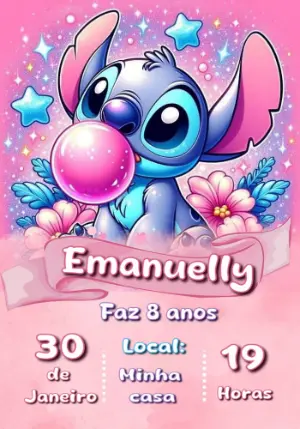Convite Aniversário Stitch Rosa para Editar Online