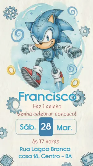Convite de Aniversário Sonic Robô em Aquarela para Editar
