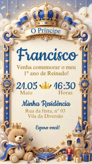 Convite de Aniversário Ursinho Príncipe Azul e Dourado Editável