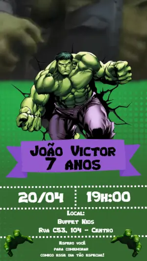 Convite Animado Hulk: Vídeo de Aniversário Infantil Editável