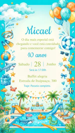 Convite de Aniversário Festa na Piscina Aquarela Editável