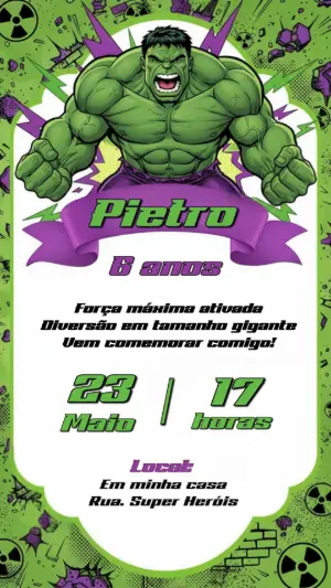 Convite de Aniversário Hulk Super-Herói Editável