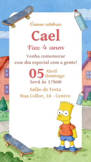 Convite de Aniversário Bart Simpson Skate Modelo Editável