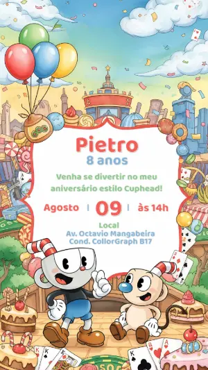 Convite de Aniversário Cuphead com Personagens para Editar
