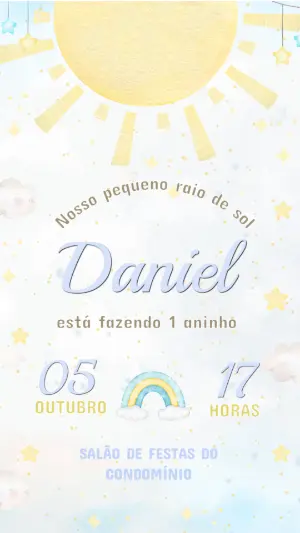Convite de Aniversário Infantil Raio de Sol Aquarela Editável