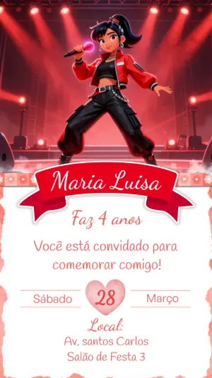 Convite de Aniversário Cantora Pop Star Vermelho Editável