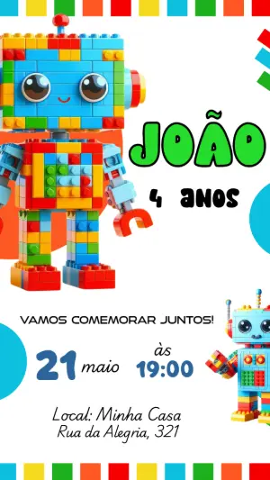 Convite Aniversário Robô de Blocos para Editar Online