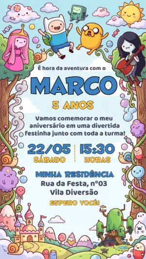 Convite de Aniversário Hora da Aventura Infantil Editável