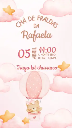 Convite Chá de Bebê Ursinha no Balão Aquarela Editável