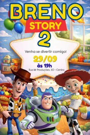Convite de Aniversário Toy Story Editável com Woody e Buzz