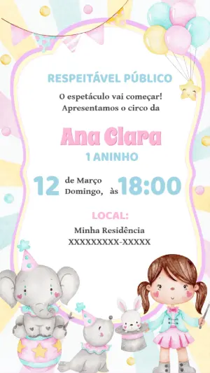Convite de Aniversário Circo Rosa com Animais para Editar