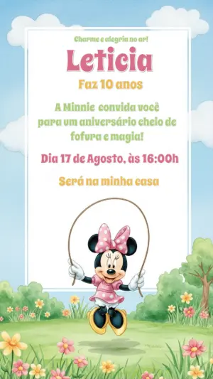 Convite Aniversário Minnie Mouse no Jardim para Editar Online