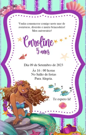 Convite Aniversário Sereia Negra para Editar Online