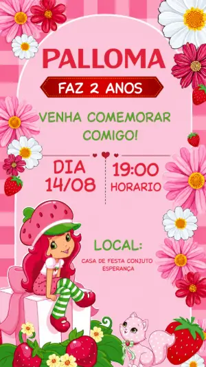 Convite de Aniversário Moranguinho Editável para Festa Infantil