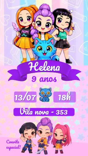 Convite de Aniversário K-pop Guerreiras Chibi para Editar