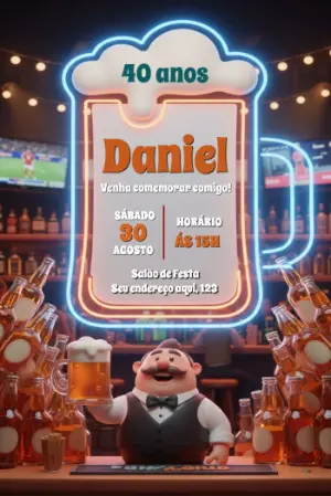 Convite de Aniversário Boteco 3D com Neon para Editar