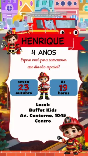 Convite Animado Aniversário Bombeiro para Editar Online