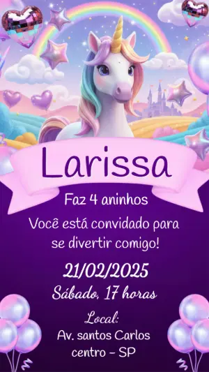 Convite de Aniversário Unicórnio Mágico Colorido para Editar