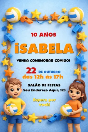Convite de Aniversário Vôlei Infantil Editável