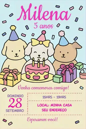 Convite Aniversário Cachorrinhos Fofos para Editar Online