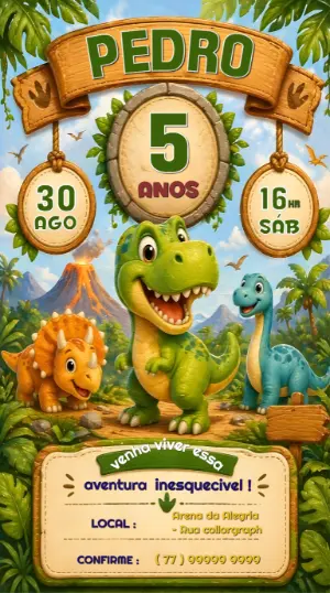 Convite de Aniversário Dinossauro Infantil para Editar