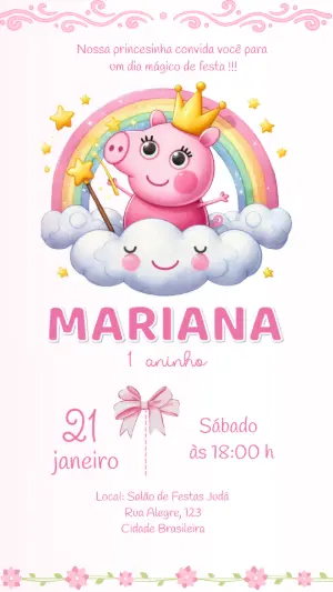 Convite de Aniversário Peppa Princesa Rosa para Editar