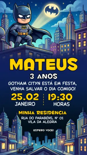 Convite de Aniversário Batman Infantil para Editar