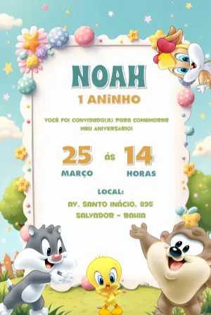Convite Aniversário Baby Looney Tunes para Editar Online