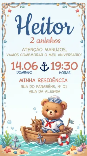 Convite de Aniversário Ursinho Marinheiro Editável