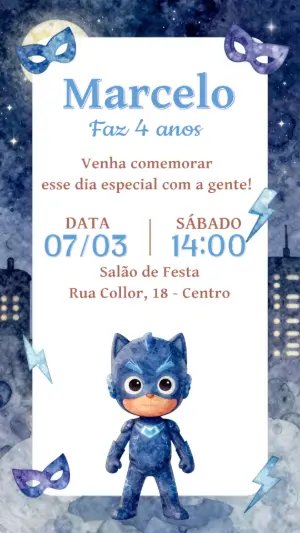 Convite Aniversário Menino Gato PJ Masks Modelo Editável