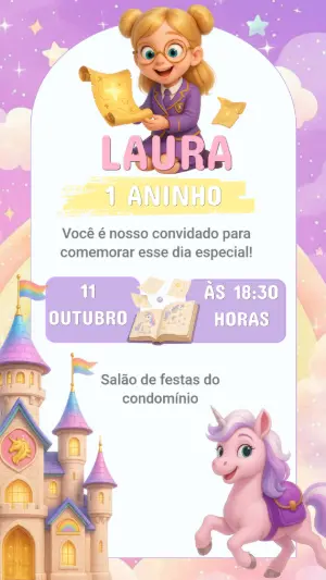 Convite de Aniversário Aventura Mágica com Unicórnio Editável