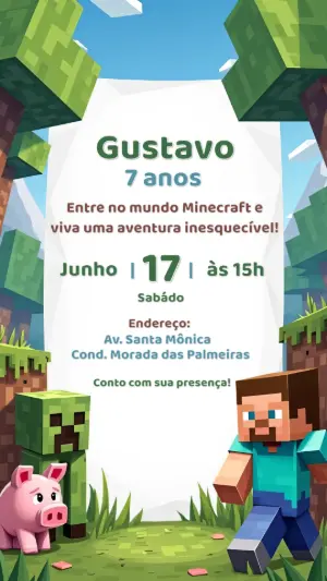 Convite Aniversário Minecraft com Personagens para Editar