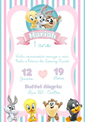 Convite de Aniversário Baby Looney Tunes Rosa e Azul Editável