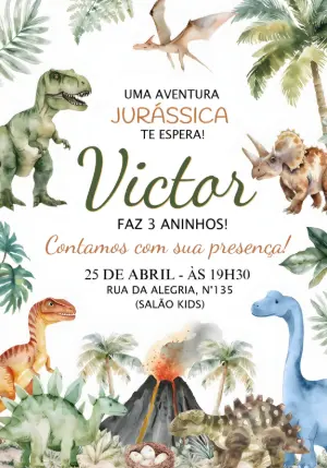 Convite de Aniversário Dinossauros Aquarela Editável