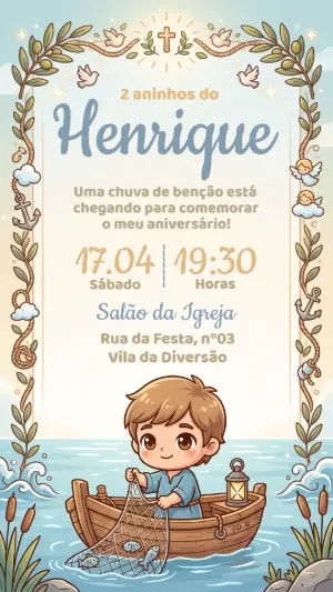 Convite Digital Aniversário Infantil Pescador Religioso Editável