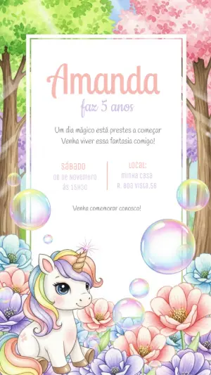 Convite de Aniversário Unicórnio Mágico para Editar Online