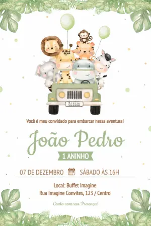 Convite Digital Aniversário Infantil Tema Safari para Editar