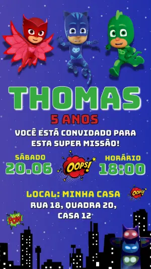 Convite Digital PJ Masks: Aniversário de Heróis Editável