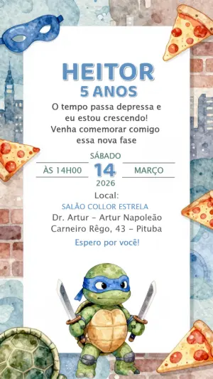 Convite de Aniversário Tartarugas Ninja Aquarela para Editar