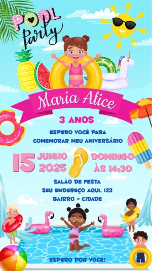 Convite de Aniversário Pool Party Infantil para Editar Online