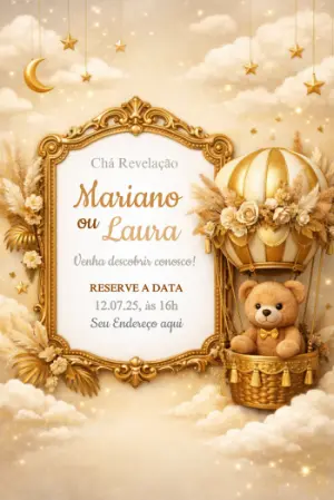 Convite Chá Revelação Ursinho no Balão Dourado Editável