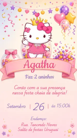 Convite de Aniversário Hello Kitty Princesa Editável