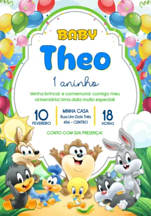 Convite de Aniversário Baby Looney Tunes Colorido para Editar