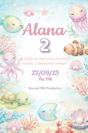 Convite de Aniversário Fundo do Mar Aquarela para Editar